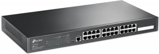 Switch TP-Link TL-SG3428, managed L2+, 24× 10/100/1000 Mbps RJ45, 4×GB SFP, 1× Micro-USB Console Port, Fanless, Rack Mountable, Switching Capacity 56 Gbps, Packet Forwarding Rate 41.66 Mpps.