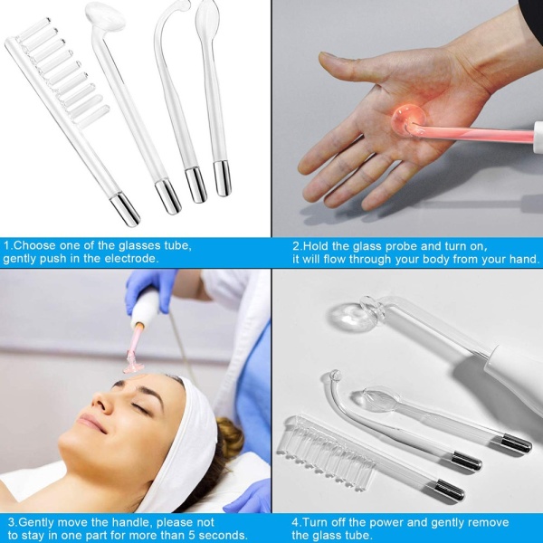 Aparat de Masaj Facial, SeveShop, 4 Electrozi Sticla Interschimbabili, Terapie Fata, 3 Moduri Tratament, Anti Acnee, Anti Rid, Anti Celulita, Vibratii de Mare Frecventa, Rejuvenare Ten, Stimulare Colagen, 10 W, Alb - Img 5