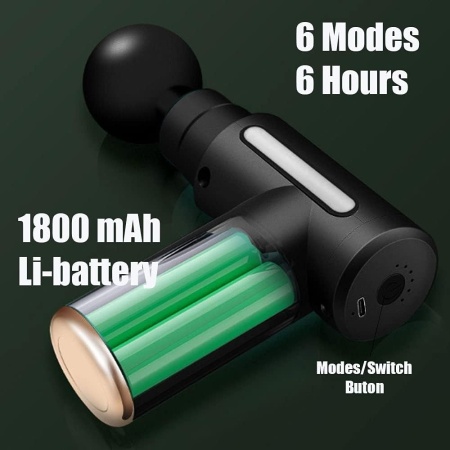 Aparat pentru Masaj Profesional Tip Pistol SeveShop, 4 Capete Interchangeabile, 6 Trepte de Viteza, Motor Silentios, 3200 Percutii, Baterie 1800mAh, Masaj Profund pentru Spate, Umeri, Picioare, Coapse, Abdomen, Design Ergonomic, Negru-Gri - Img 5