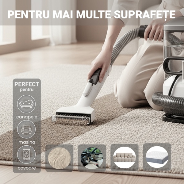 Aspirator Cu Spalare 3 In 1, SeveShop® C3, Aspirator Cu Extractie Pentru Tapiterii Si Covor, Putere 450W, Aspirator Cu Rezervor Dublu 1L + 0.5L, Putere De Aspirare 12000Pa, Motor Cu Perii, Zgomot ≤80dB, Compact, Portabil, Ideal Auto, Canapea, Gri - Img 7