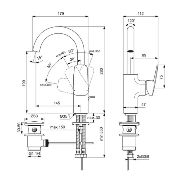 Baterie lavoar inalta Ideal Standard Ceraplan 280 negru mat cu ventil Pop-Up metalic - Img 2