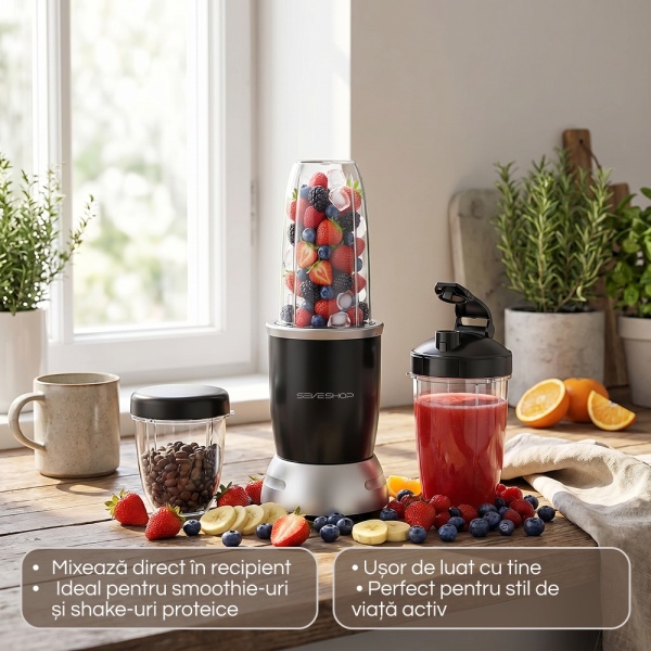 Blender Portabil SeveShop® 1200W 25000 RPM, Cu 3 Recipiente BPA Free 680ml 950ml 1100ml, 6 Lame Inox Si Rasnita 2 Taisuri, Sistem 2 In 1 Mixare Macinare, Protectie Supraincalzire, Ventuze Antialunecare, Design Compact, Negru - Img 2