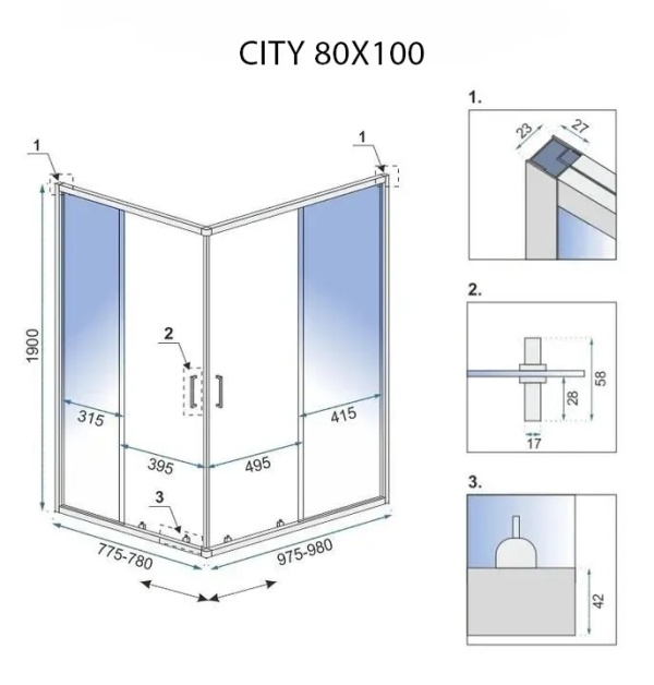 Cabin de du?? Rea City, Dimensiune 80x100cm, Culoare Black - Img 5