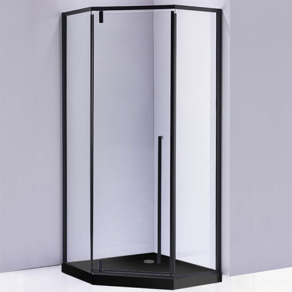 Cabina de dus pentagonala cu rame negre sticla securizata si cadita neagra BS07A/SXL07A 80 x 80 cm - Img 6