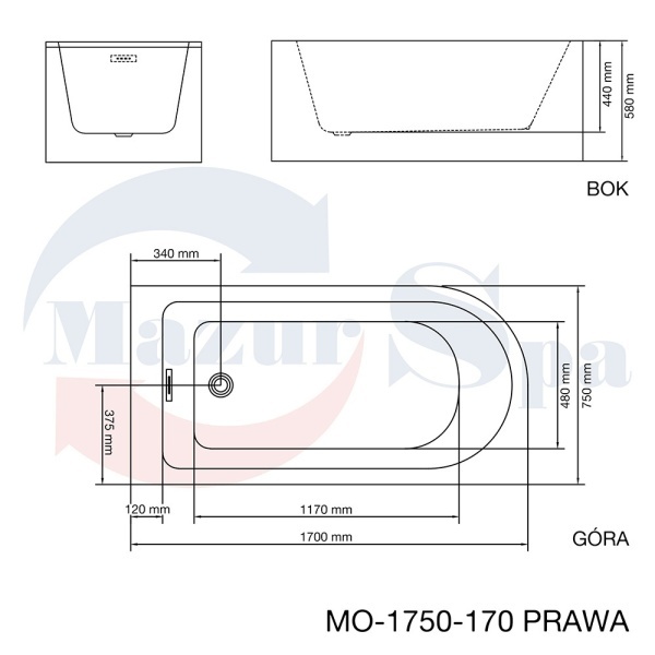 Cada Autoportanta Eleganta 170x75x58cm, Cu Montaj pe perete/Dreapta, Culoare Alb - Img 3