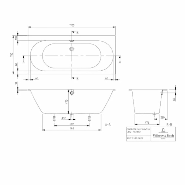 Cada Oberon 2.0, Villeroy&amp;Boch,compozit Quaryl, dreptunghiulara 170x75 cm - Img 4