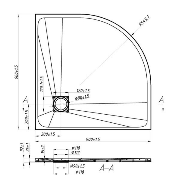 Cadita de dus ALBA semirotunda, Dimensiune 90x90cm, Culoare Gri - Img 9