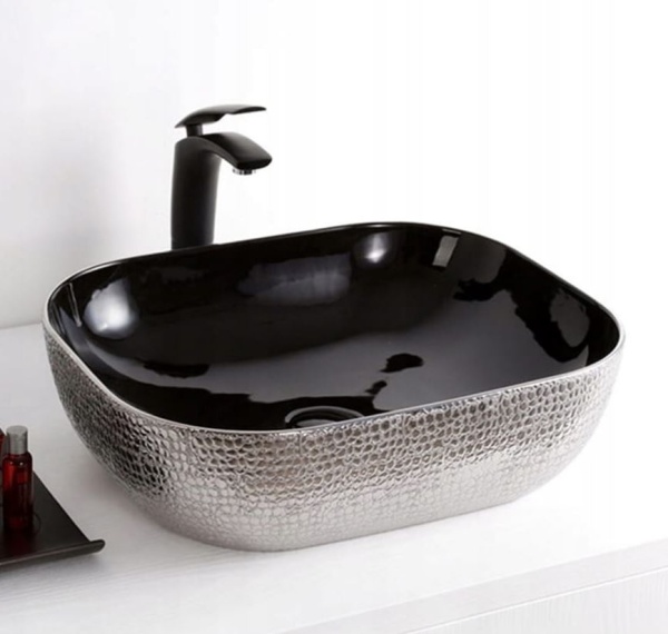 Chiuveta de blat PRO ERA TOKYO, Forma Dreptunghiulara, Ceramica sanitara, Fara gaura baterie, Piele de sarpe negru-argintiu - Img 5