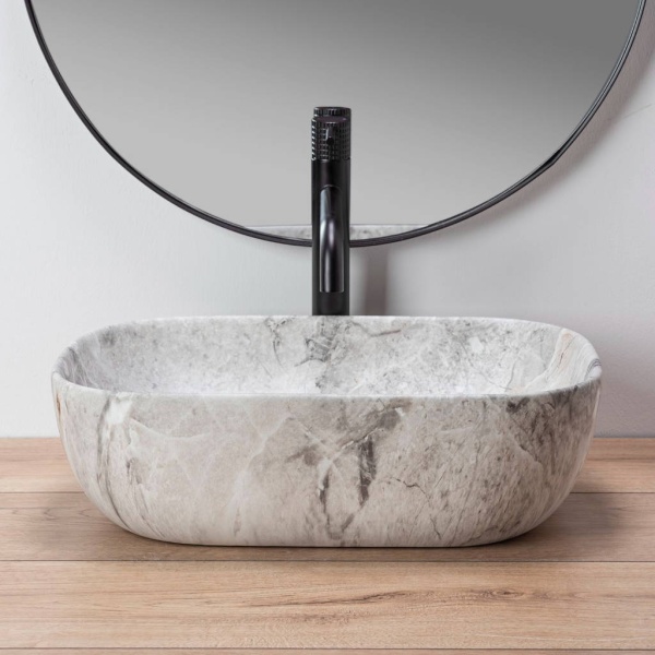 Chiuveta de blat REA LIVIA STONE, Dimensiuni 46.5 cm x 33 x 13.5 cm, Ceramica Sanitara,Imitatie marmura, Alb/Negru - Img 4