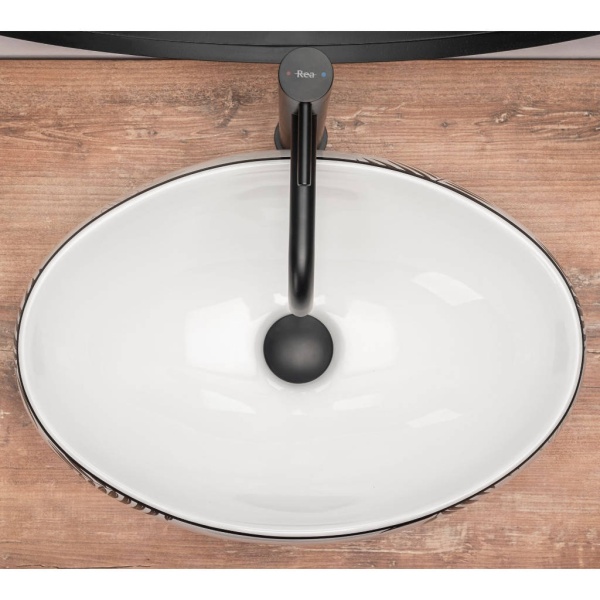 Chiuveta de blat REA SHILA, Dimensiuni 49 x 34 x 14.5 cm, Forma Ovala, Ceramica sanitara, Alb/Negru - Img 5