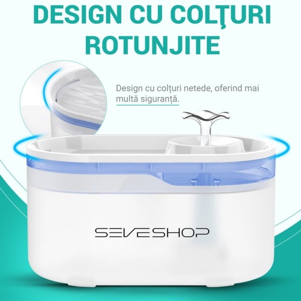 Dispenser Apa Automat SeveShop, Fantana pentru Pisici si Caini, Ultra Silentios, Control App, Sistem Recirculare si Filtrare Carbon Activ, Mentine Gustul Natural al Apei, Capacitate 2.8 L, Ideal pentru Toate Taliile, Alb Mat - Img 2