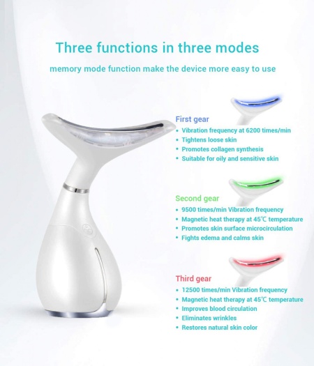 Dispozitiv Facial 3 in 1 pentru Hidratare, Eliminarea Ridurilor si Regenerarea Pielii, Actiune Tripla cu Lumina Led, Functie Thermo si Vibratie, pentru Fata, Gat, Decolteu si Maini - Img 4