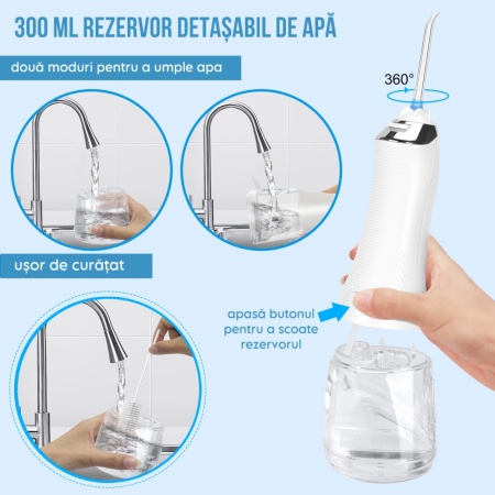 Irigator Oral Profesional pentru Dus Bucal, SeveShop, Fara Fir, Portabil, IPX7, Presiune 30-110 PSI, 6 Capete Curatare, Rezervor 300 ml, Baterie 2000mAh, 5 Viteze, Curatare Interdentara si Subgingivala, Protectie Supraincalzire, Alb Alpin - Img 3