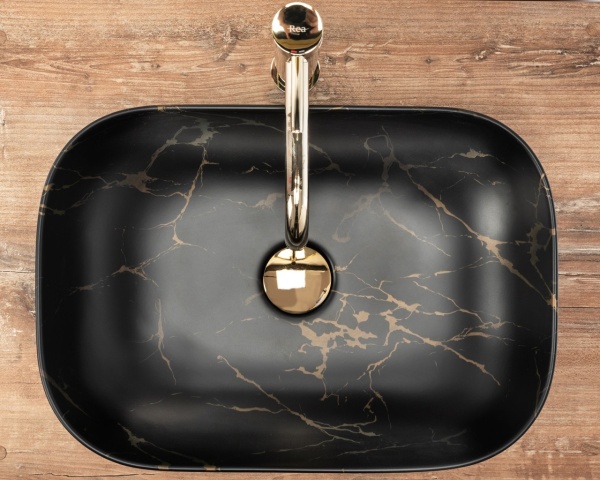 Lavoar de blat REA ERA BELINDA MARBLE MAT, Dimensiuni 46.5cm x 33.5x 13.5cm, Ceramica Sanitara, fara gaura baterie, Negru - Img 3