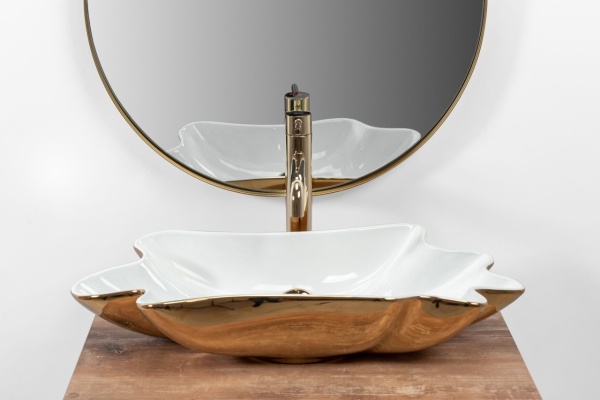 Lavoar De Blat REA INFINITY WHITE GOLD, Dimensiuni 62 X 33 X 11.5 Cm, Montaj Pe Blat, Design Deosebit,Ceramica Sanitara, Alb / Auriu + Dop Click-Clack - Img 6