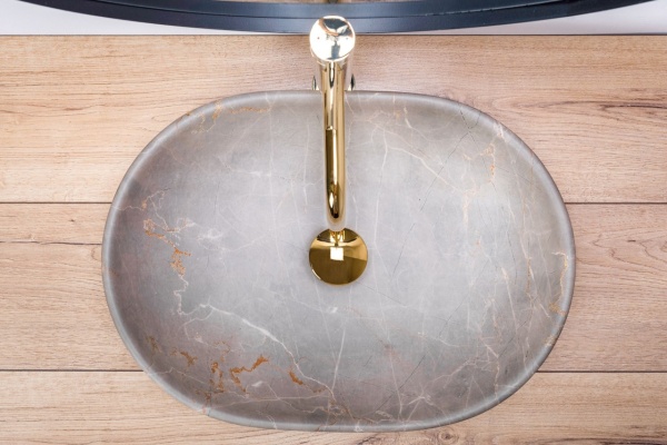 Lavoar de blat REA LARA BEIGE, 48.5x 35x 13.5 cm, Montaj Pe Blat, Design Deosebit, Forma Rotunda, Ceramica Sanitara, Bej - Img 2