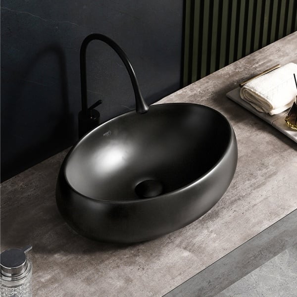 Lavoar pe blat, Cari, marmura ceramica negru mat, Oval 50x31x15cm - Img 5