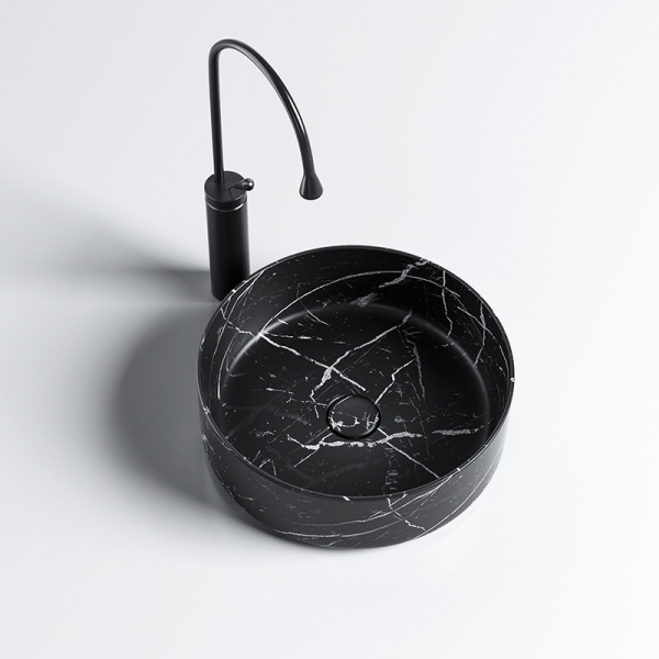 Lavoar pe blat, Lava, marmura ceramica negru cu model alb, Rotund 36cm - Img 8