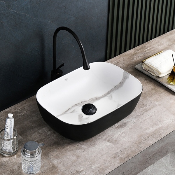 Lavoar pe Blat, Milo, Marmura Ceramica Alb cu Model Marmura Interior-Negru Mat Exterior , Dreptunghiular 45,5 x 32,5 x 13,5 cm - Img 4
