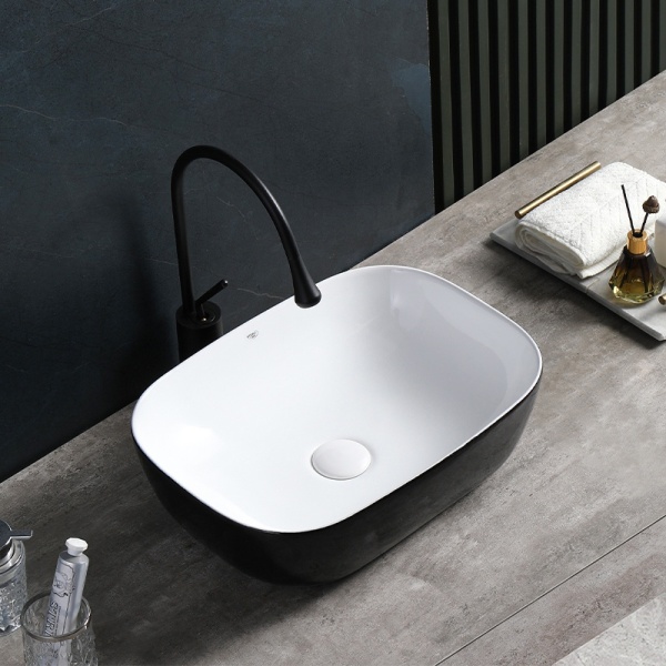 Lavoar pe Blat, Milo, Marmura Ceramica Alb Interior-Negru Exterior , Dreptunghiular 45,5 x 32,5 x 13,5 cm - Img 4