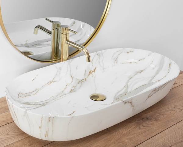 Lavoar REA CLEO 81 SHINNY AIAX, Dimensiuni 81 X 41 X 13.5 Cm, Montaj Pe Blat, Design Deosebit, Ceramica Sanitara, Maro/Alb - Img 5