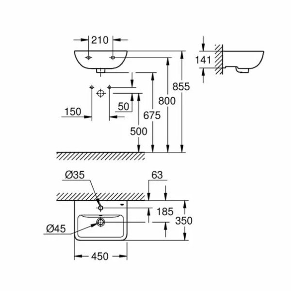 Lavoar suspendat Grohe Start Edge Ceramic alb lucios 45 cm - Img 3