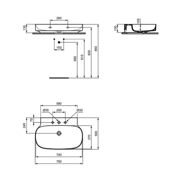 Lavoar suspendat Ideal Standard Atelier Linda-X cu 3 orificii baterie alb lucios 75 cm - Img 12