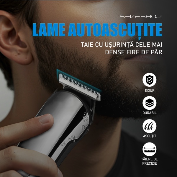 Masina de Tuns si Aparat de Ras, Profesional SeveShop - IPX7, 11 Piese, Trimmer, Tuns Par, Barba, Mustata, Nas, Ureche, Corp, Design Ergonomic, Lame din Otel Inoxidabil cu Auto-Ascutire, Reincarcabil cu USB, Display LED, Zgomot Redus, Negru Glossy - Img 4