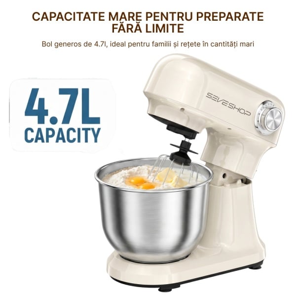 Mixer Cu Bol 4.7L SeveShop® Teendow, Din Inox, Mixer Profesional 1500W, 12 Trepte De Viteza, Mod Pulse, Cap Rabatabil, Accesorii Incluse Pentru Framantare, Mixare Si Batere, Mixer Bucatarie Pentru Aluat, Creme Si Deserturi, Culoare Alba - Img 3