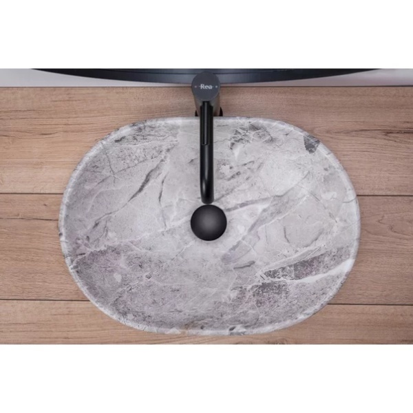 Pachet lavoar pe blat Rea Lara Stone gri 48.5 cm, baterie lavoar Ideal Standard Ceraline negru si ventil lavoar Click-Clack D negru - Img 2