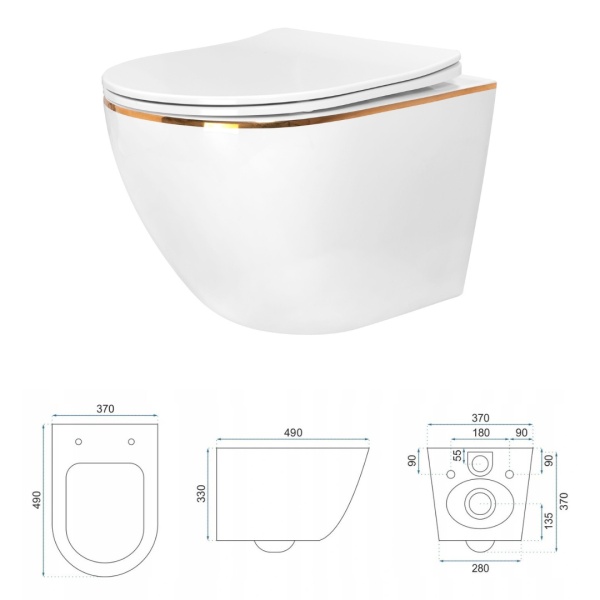 Set Bideu si Vas WC PRO GROHE, Vas WC CARLO Mini Gold Edge Rimless+Bideu +Capac Soft-Close SLIM PREMIUM +Cadru+Clapeta La Alegere, Montaj Suspendat, Ceramica Sanitara - Img 3