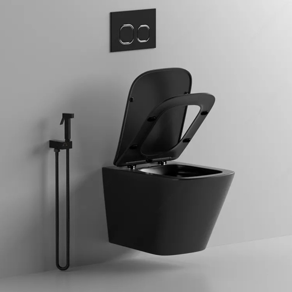 Set GEBERIT Bideu si Vas WC IMPERIA RIMLESS+Capac Soft-Close Inclus SLIM PREMIUM+Cadru+Clapeta, Ceramica sanitara, Negru mat - Img 3
