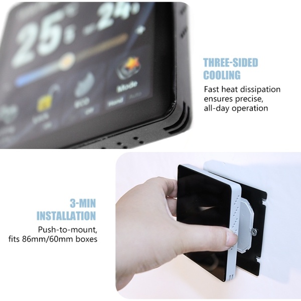 Termostat Digital Smart Wi-Fi SeveShop®, Ecran IPS Touch 4" 480x480, Control Vocal Alexa si Google Assistant, Compatibil Tuya Smart Life, Instalare Rapida 3 Min, Mod ECO si Child Lock, Senzor de Umiditate, Design Negru Modern - Img 3