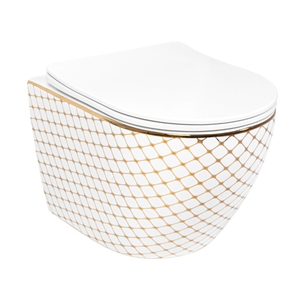 Vas WC REA CARLOS FLAT DIAMOND GOLD, Suspendat, Ceramica Sanitara, 49.5 X 37 X 32 Cm, Scaun Soft-Close Inclus, Forma Ovala, Alb/Auriu - Img 6