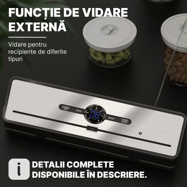 Aparat de Vidat si Sigilat Alimente SeveShop®, Bare de Lipire 30 cm, 7 Moduri de Operare, Uscat, Umed, Lichid, Display LED Tri-Color, Cutter Integrat, Tava Detasabila, Aparat Vidat cu Furtun pentru Recipiente, Sigilare 5 kg, Aparat Vidat Alimente Negru - Img 8