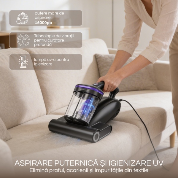 Aspirator Antiacarieni, SeveShop®, Aspirator Cu Filtru HEPA Lavabil, Motor 500W, 16000Pa, Vibratii Deprofundare, Lampa UV-C 253.7nm, Incalzire Aer, Aspirator Ideal Pentru Saltele Si Canapele, Usor De Manuit, Aspirator Cu Actiune Profunda, Negru - Img 5