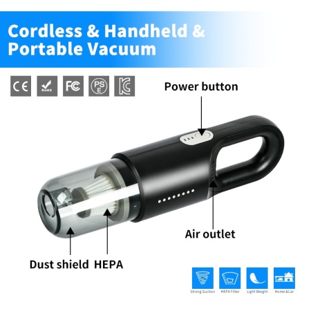 Aspirator de mana SeveShop pentru masina, 7.4V, 2000 mAh, 0.7l, Putere 6.000 PA, Autonomie 20 minute, cu filtru HEPA, negru electro punk - Img 6