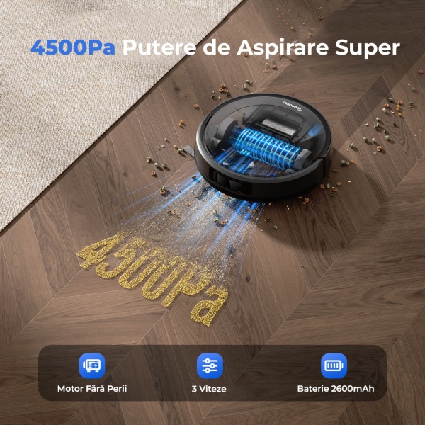 Aspirator Robot Podea 3 in 1 SeveShop® D10S Teendow, Functie Mop, WiFi Navigatie LiDAR 360°, Harti Multi-Etaje, Putere de Aspirare 4500 Pa, Control prin Teendow si Alexa, Spalare, Multi-Suprafete, Aspirare Robot, Autonomie 2600 mAh, Slim 9.8 cm, Negru - Img 2