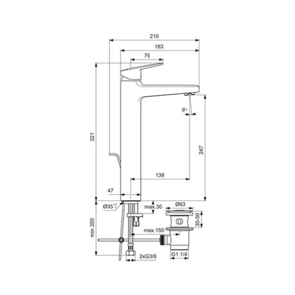 Baterie lavoar inalta Ideal Standard Ceraplan 250 negru mat cu ventil Pop-Up metalic - Img 2
