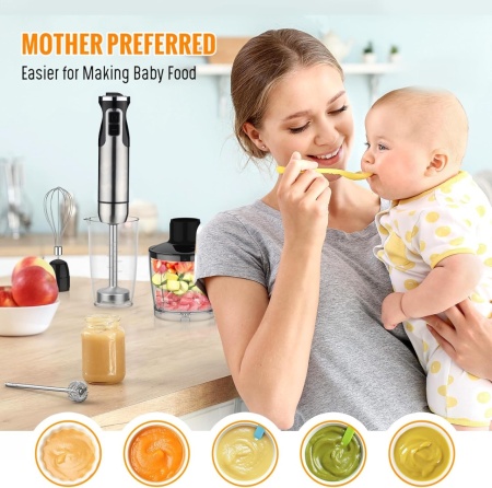 Blender 5 in 1 SeveShop 1000W, Mixer Vertical Profesional, 12 Trepte de Viteza, Smart Blending, Multifunctional pentru Macinare, Pasare, Amestecare, Tocare si Mixare Oua, Design Ergonomic, Accesorii Incluse, Capacitate 600ml, Argintiu - Img 7
