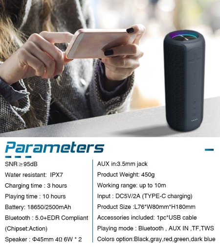 Boxa Portabila SeveShop E20, Rezistenta la Apa IPX67, Conectivitate Bluetooth Stabila, Sunet Puternic si Baza Profunda, Microfon Integrat pentru Apeluri, Autonomie Extinsa, Design Compact si Robust, Ideala pentru Interior si Exterior, Negru Electro - Img 8