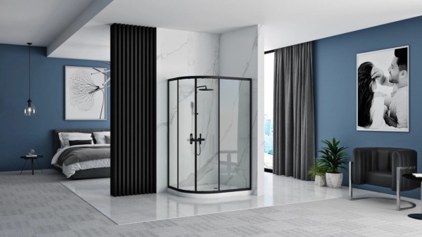 Cabina dus Rea Look 80x100 cu usi culisante si Cadita Semirotunda, Negru mat - Img 2