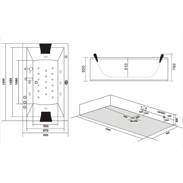 Cada de baie Ramona 640H 180x90cm , Cu hidromasaj si pomapa de aer cald inclusa , Culoare Alb - Img 11