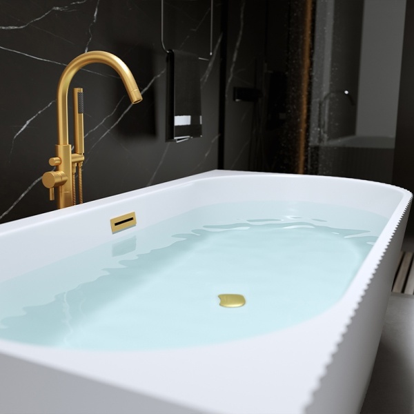 Cada de baie suport RIO 504C, Dimensiune 160x75cm/Stanga, Culoare Alb, Deversor Auriu Periat - Img 5