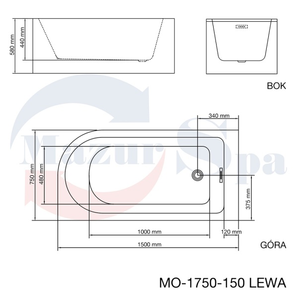 Cada independent?? MO-1750-150 , acril alb, Stanga, Montaj pe perete, 150x75 cm - Img 4