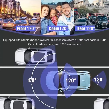 Camera Auto De Bord SeveShop FHD2K+1080P+1080P fata, spate si interior, Camp Vizual Ultra-Larg De 170°, Display 3 "4", Night Vision, Inregistrare Tripla, Loop Recording, G-sensor, Detectare Miscare - Img 5