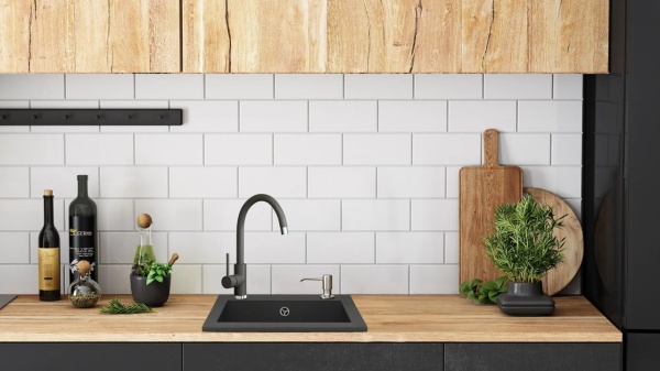 Chiuveta Bucatarie REA GRANIT WEST BLACK METALIC, Dimensiuni 44 x 48.5 x 17 cm, 1 Cuva, Incastrabila, Negru Metalic - Img 4