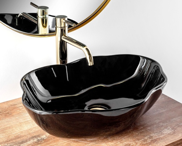 Chiuveta de blat REA ERA PEARL Negru lucios, Dimensiuni 51.5x 37.5 x 13.5cm, Forma asimetrica, Ceramica sanitara - Img 6