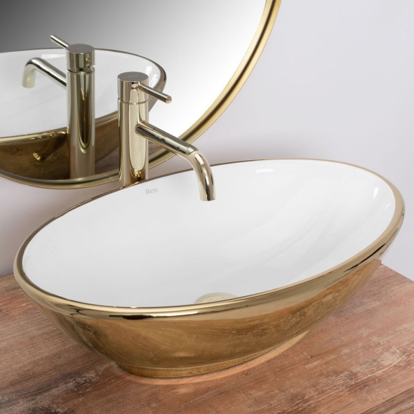 Chiuveta de blat REA PAMELA Gold, Dimensiuni 53 cm x 33 x 15 cm, Ceramica Sanitara,fara gaura baterie, Auriu - Img 2
