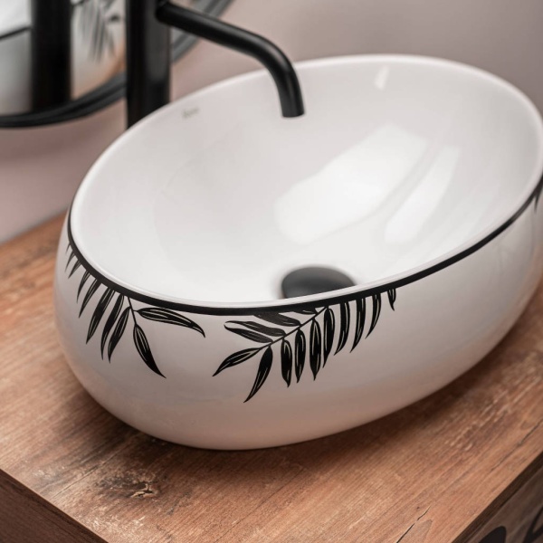 Chiuveta de blat REA SHILA, Dimensiuni 49 x 34 x 14.5 cm, Forma Ovala, Ceramica sanitara, Alb/Negru - Img 2
